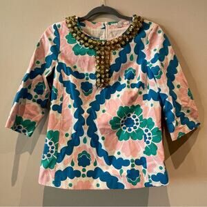 Boden Floral Gem Collar 3/4 sleeve shirt size 4